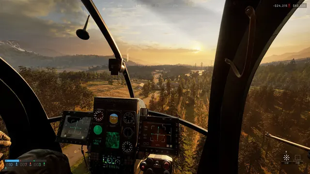 First-person view from a helicopter cockpit at sunrise, instruments and cash HUD visible