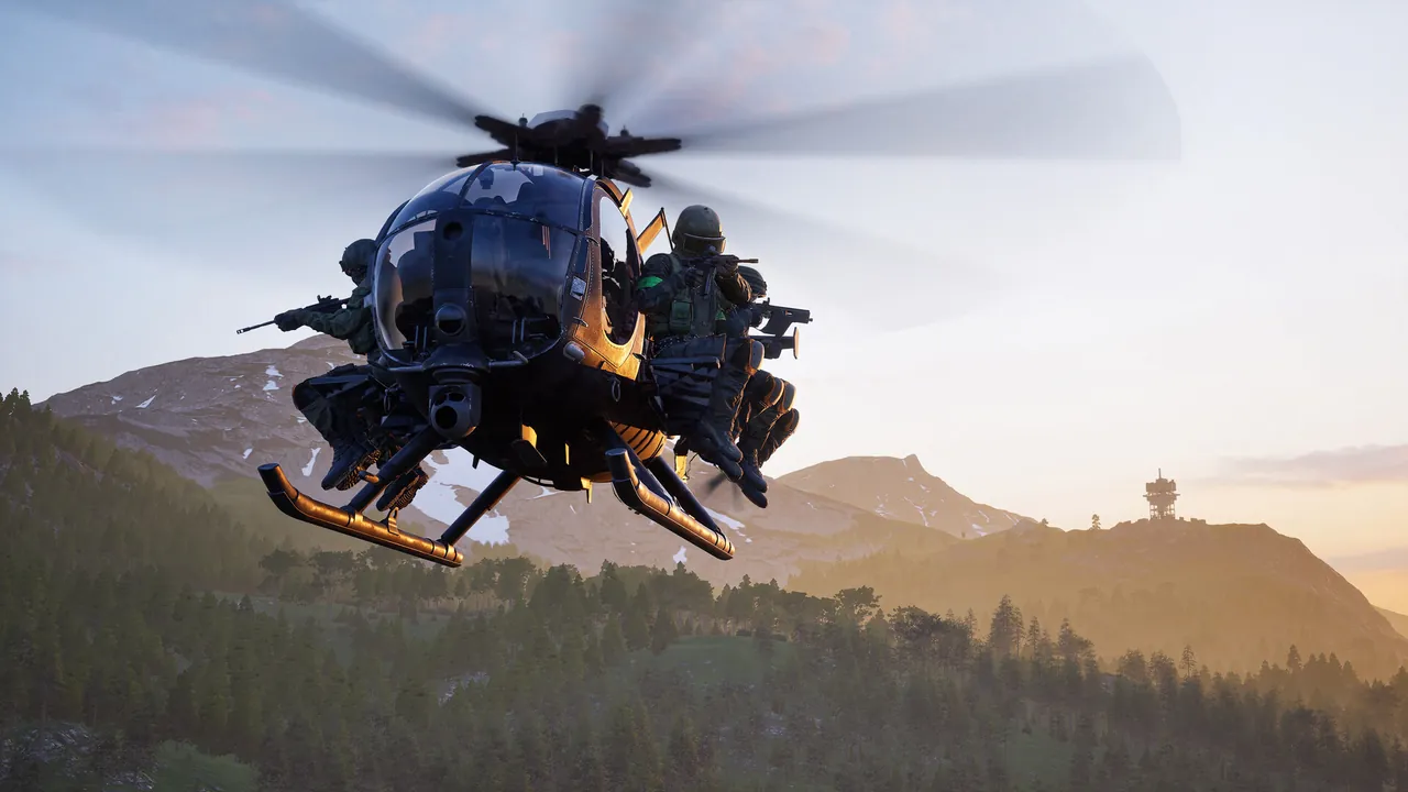 A light attack helicopter with door gunners banks over the Kolchia mountains at sunset