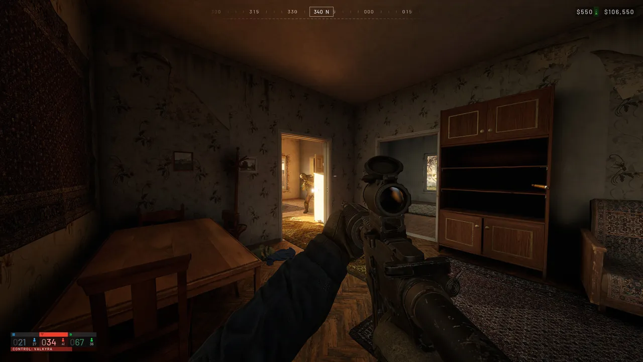 First-person close-quarters clearing inside a village house