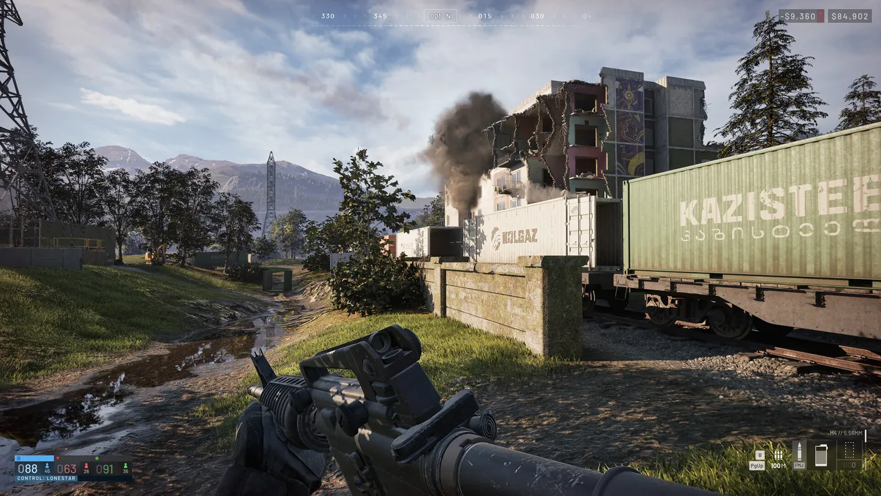 First-person view through smoke beside stacked shipping containers in an industrial yard