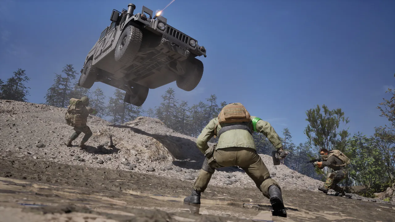 A light 4x4 launches off a ridge line over advancing infantry