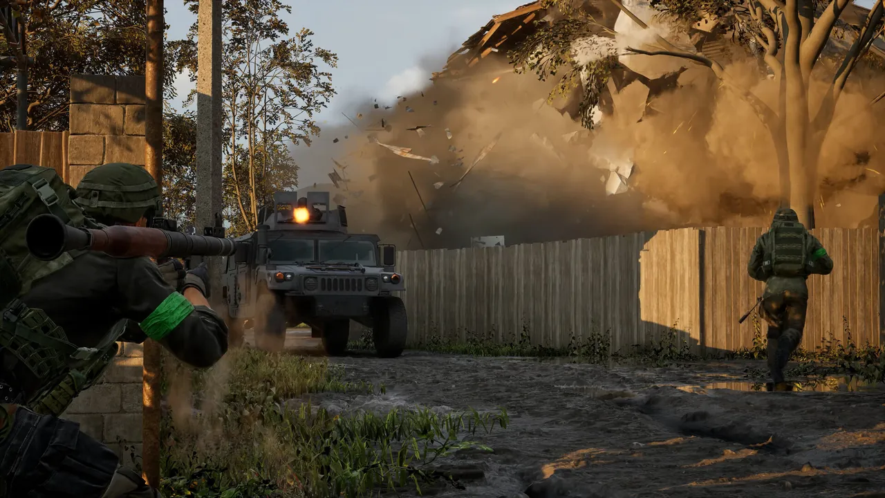 A prone marksman fires as a building collapses under vehicle fire