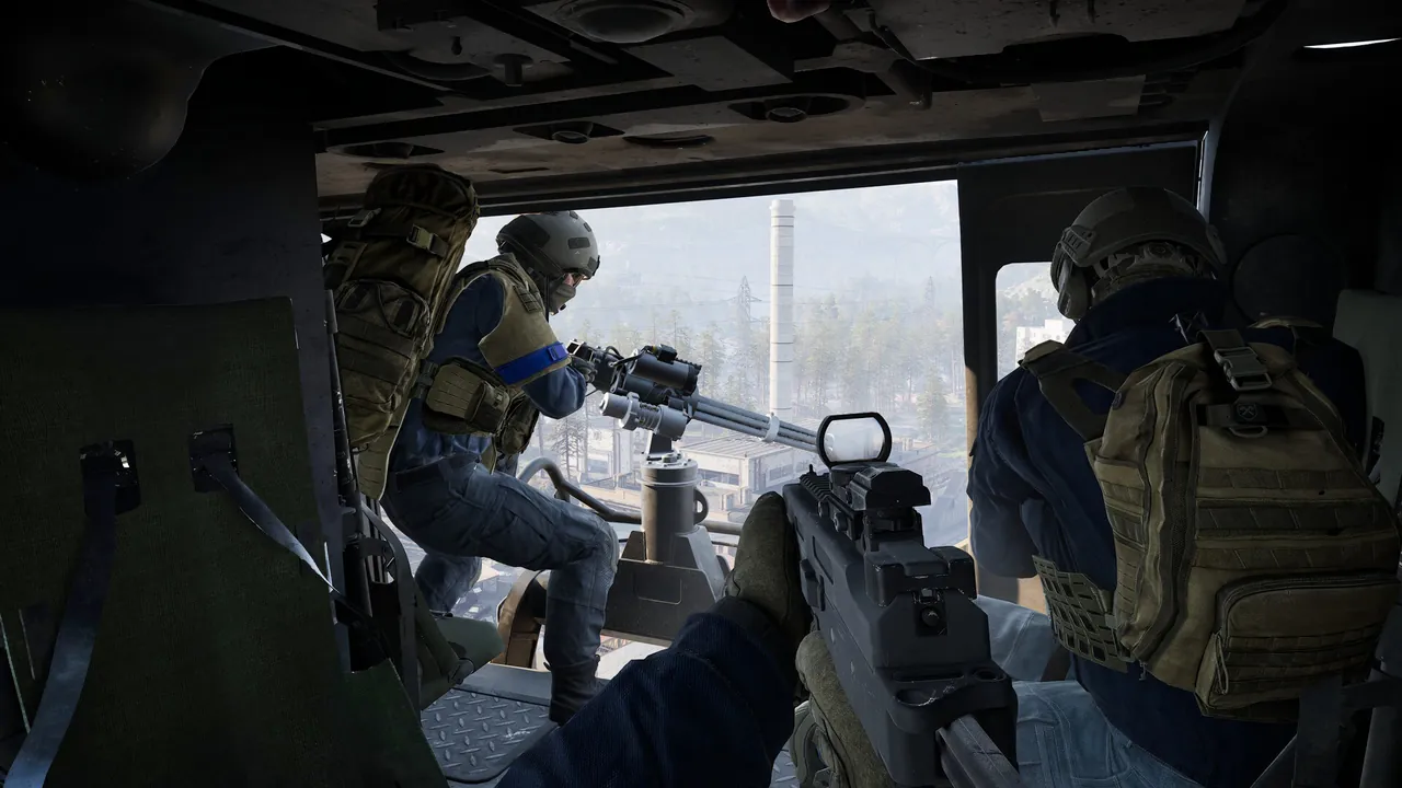 A squad rides in the back of an armoured transport, weapons covering the open rear